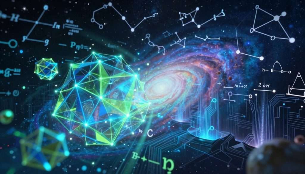 A vibrant mathematical universe where equations and algorithms form a dynamic, swirling galaxy. In the foreground, intricate geometric shapes and formulas hover, glowing softly with electric blue and neon green lights. The middle ground features a digital landscape with circuit-like connections and mathematical symbols cascading like waterfalls, blending into the cosmos. In the background, a starry night sky filled with constellations that resemble famous mathematical equations like Euler's formula and Pythagoras' theorem. The atmosphere is awe-inspiring and futuristic, illuminated by radiant beams of light emanating from the geometric elements. A slight depth of field effect gives an immersive perspective, enhancing the sense of wonder within this mathematical realm. The scene captures the essence of technology and the digital revolution through the lens of mathematics.