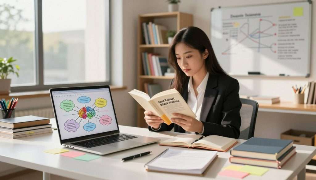 A vibrant, modern study space filled with various speed learning strategies. In the foreground, a laptop open to a colorful mind map, surrounded by neatly organized notebooks and colorful sticky notes. In the middle ground, a focused female student wearing professional business attire, immersed in reading a book on effective study techniques. She is seated at a sleek desk with a large window letting in warm daylight, creating an inviting atmosphere. In the background, shelves are lined with educational materials and a whiteboard filled with diagrams and bullet points. The overall mood is energetic and inspiring, emphasizing a productive learning environment. Soft shadows cast by the afternoon sun add depth to the scene, highlighting the importance of practical learning systems for varied subjects.