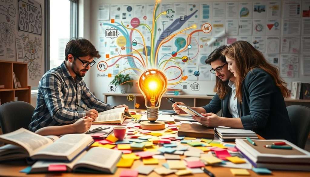 A vibrant study environment filled with diverse elements representing creative approaches to information processing. In the foreground, a dynamic group of three young adults, dressed in smart casual attire, engaged around a large table cluttered with colorful sticky notes, open books, and digital tablets. One person is sketching ideas, another is using a tablet for research, and the third is brainstorming with a whiteboard nearby. In the middle, a glowing light bulb symbolizes innovation, surrounded by swirling lines of colorful data and abstract ideas. The background features a large window with sunlight streaming in, illuminating a wall covered in inspiring mind maps and visual concepts. The atmosphere is energetic, motivating, and collaborative, suggesting an adventurous approach to learning. The image should be bright and inviting, with a slight depth of field effect to emphasize the group’s engagement. A vibrant study environment filled with diverse elements representing creative approaches to information processing. In the foreground, a dynamic group of three young adults, dressed in smart casual attire, engaged around a large table cluttered with colorful sticky notes, open books, and digital tablets. One person is sketching ideas, another is using a tablet for research, and the third is brainstorming with a whiteboard nearby. In the middle, a glowing light bulb symbolizes innovation, surrounded by swirling lines of colorful data and abstract ideas. The background features a large window with sunlight streaming in, illuminating a wall covered in inspiring mind maps and visual concepts. The atmosphere is energetic, motivating, and collaborative, suggesting an adventurous approach to learning. The image should be bright and inviting, with a slight depth of field effect to emphasize the group’s engagement.