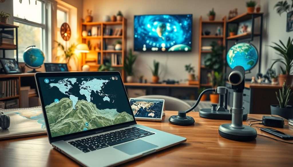 A vibrant workspace filled with modern digital tools designed to stimulate curiosity. In the foreground, a sleek laptop open to an interactive map, surrounded by an array of gadgets like a tablet showcasing educational apps, a VR headset, and a digital microscope. In the middle ground, a soft glow emanates from a smart display presenting captivating visuals of the universe and nature. The background features a cozy, well-lit room with shelves filled with books, globes, and plants, creating an inspiring atmosphere. Use warm, natural lighting to enhance the mood, capturing a sense of exploration and discovery. A wide-angle lens captures the entire scene, encouraging a feeling of creativity and curiosity in the viewer. A vibrant workspace filled with modern digital tools designed to stimulate curiosity. In the foreground, a sleek laptop open to an interactive map, surrounded by an array of gadgets like a tablet showcasing educational apps, a VR headset, and a digital microscope. In the middle ground, a soft glow emanates from a smart display presenting captivating visuals of the universe and nature. The background features a cozy, well-lit room with shelves filled with books, globes, and plants, creating an inspiring atmosphere. Use warm, natural lighting to enhance the mood, capturing a sense of exploration and discovery. A wide-angle lens captures the entire scene, encouraging a feeling of creativity and curiosity in the viewer.