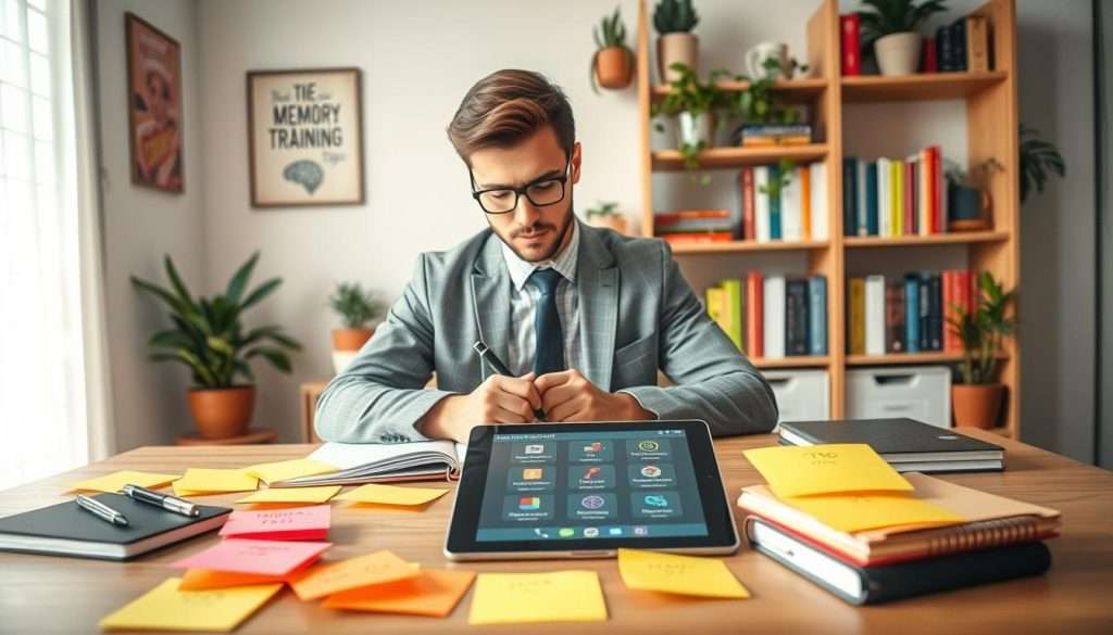 A visually engaging and informative workspace dedicated to memory enhancement tips. Foreground features a well-organized desk with colorful sticky notes, a neatly arranged notebook, and a tablet displaying brain-training apps. In the middle ground, a focused individual in professional attire is actively writing and brainstorming, radiating concentration and creativity, surrounded by light from a nearby window to create a warm atmosphere. The background showcases a cozy bookshelf filled with motivational books and plants, enhancing the intellectual vibe. Ensure soft, natural lighting to evoke a sense of inspiration and productivity, shot at a medium angle to capture both the individual and the desk arrangement harmoniously. The overall mood is uplifting and encouraging, reflecting a dedicated, organized approach to memory enhancement.