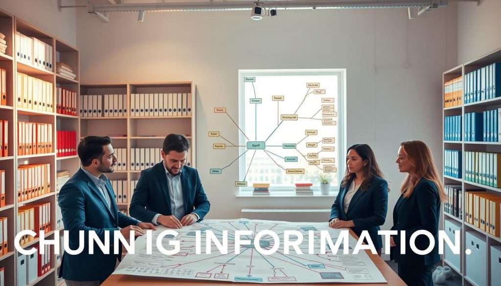 A visually engaging representation of "chunking information," set in a bright, modern office environment. In the foreground, a diverse group of three individuals, depicted in professional business attire, collaborate over a large, colorful mind map filled with interconnected nodes and sections representing various pieces of information. In the middle ground, shelves filled with organized books and neatly labeled folders symbolize systematic categorization. The background features a large window illuminating the space with natural light, casting soft shadows that create a warm atmosphere. The camera angle is slightly above eye-level, providing a clear overview of the collaborative scene, evoking a sense of teamwork and orderly thought processes. The overall mood is inspirational and focused, highlighting the concept of breaking down complex information into manageable chunks.