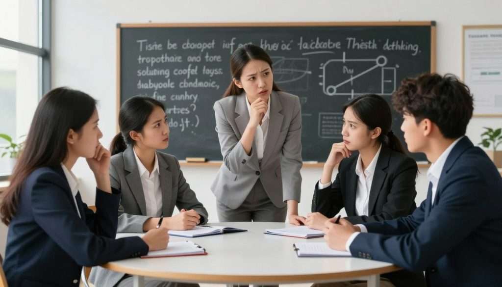 A visually engaging scene depicting the challenges of the Socratic Method in a classroom setting. In the foreground, a diverse group of four students, dressed in professional business attire, are seated around a round table. Each student displays a mix of expressions, from curiosity to frustration, as they engage in a heated discussion. In the middle ground, a thoughtful teacher, also in professional attire, leans forward, guiding the conversation with an encouraging gesture. The background features a chalkboard filled with philosophical quotes and diagrams related to critical thinking. Soft, natural lighting enters through large windows, creating an inviting atmosphere that balances focus and tension. The composition should evoke the intensity and collaborative spirit of philosophical inquiry, embodying the transformative learning approach of the Socratic Method.