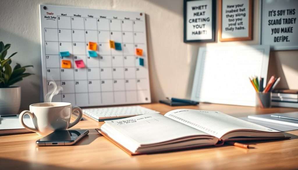 A well-organized desk scene depicting various habit tracking methods, featuring a large wall calendar with colorful stickers marking study sessions in the background. In the foreground, an open notebook with neatly written goals and checkboxes is prominently displayed. A smartphone rests nearby, showcasing a digital habit tracker app. A cup of steaming coffee adds a cozy touch. Soft, natural lighting streams in from a nearby window, creating a warm and inviting atmosphere, while shadows add depth. Include a clutter-free environment with motivational quotes subtly framed on the wall, creating a sense of focus and stability. The mood should be productive and encouraging, emphasizing the idea of systematic progress and commitment to study habits. The image should be sharp, captured from a slightly elevated angle, showcasing all elements harmoniously integrated.