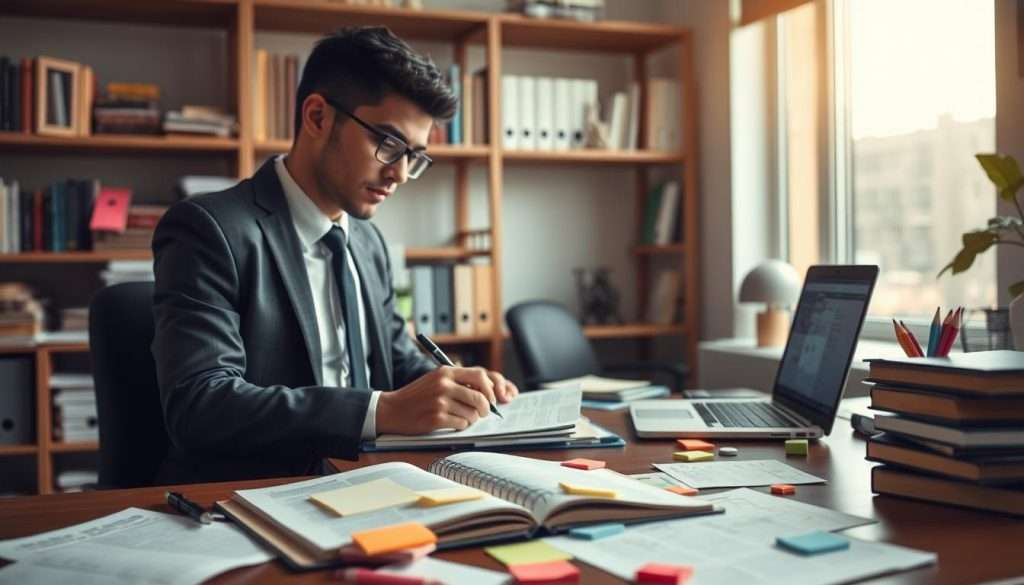 A well-organized study space featuring various revolutionary note-taking systems. In the foreground, a neatly arranged desk with open notebooks, colorful sticky notes, and mind maps scattered about, showcasing different styles of note-taking. In the middle ground, a focused student in professional business attire, deeply engaged in writing and organizing their notes, with a laptop displaying digital note-taking applications. The background includes a shelf filled with educational books and a large window letting in soft, natural daylight, illuminating the entire scene. The atmosphere is calm and intellectual, evoking a sense of productivity and creativity. The perspective is slightly elevated, capturing the full range of the workspace while emphasizing the main components of effective note-taking strategies.