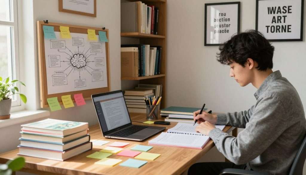A well-organized study space filled with various study techniques. In the foreground, a wooden desk is covered with colorful sticky notes, a laptop open to a study guide, and a stack of textbooks. A focused student in professional casual attire sits at the desk, highlighting notes. In the middle ground, a bulletin board displays a mind map and flowcharts illustrating key concepts. The background features a bookshelf with neatly arranged books and motivational quotes framed on the wall, creating an inspiring atmosphere. Soft, natural light floods the room through a window, casting warm shadows, while a plant adds a touch of greenery. The overall mood is tranquil and motivational, encouraging effective study habits.