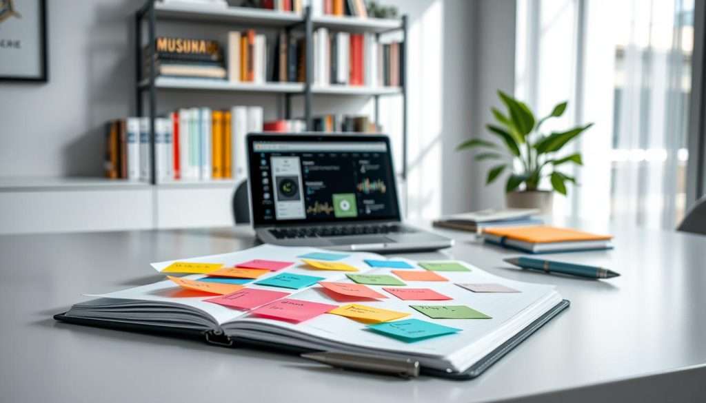 A well-organized time-blocking schedule displayed on a sleek, modern desk. In the foreground, an open planner with colorful, neatly filled blocks representing different tasks throughout the day, vibrant sticky notes in various colors highlighting priorities and breaks. The middle layer features a laptop with productivity apps open, and a sophisticated pen resting next to it. In the background, a soft-focus bookshelf filled with motivational books and a plant adding a touch of greenery, creating a calm and inspiring atmosphere. Bright, natural light streams in from a nearby window, casting gentle shadows, while the overall mood is one of focus and efficiency, ideal for productive learning. A well-organized time-blocking schedule displayed on a sleek, modern desk. In the foreground, an open planner with colorful, neatly filled blocks representing different tasks throughout the day, vibrant sticky notes in various colors highlighting priorities and breaks. The middle layer features a laptop with productivity apps open, and a sophisticated pen resting next to it. In the background, a soft-focus bookshelf filled with motivational books and a plant adding a touch of greenery, creating a calm and inspiring atmosphere. Bright, natural light streams in from a nearby window, casting gentle shadows, while the overall mood is one of focus and efficiency, ideal for productive learning.