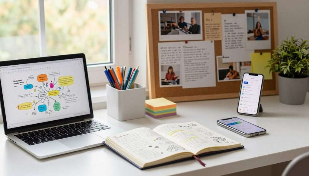 An organized workspace featuring various brain dump tools for productivity enhancement. In the foreground, a sleek laptop with an open note-taking application displays colorful mind maps and bullet points, alongside a vibrant bullet journal filled with handwritten notes and sketches. A minimalistic desk organizer holds an array of pens and sticky notes in different hues, while a smartphone displays a task management app. The middle ground showcases a vision board pinned with inspiring images and quotes, emphasizing creativity. In the background, soft natural light filters through a large window, casting a warm glow over the scene, complemented by a potted plant for a fresh touch. The atmosphere is focused and motivating, perfect for fostering clarity and ideas.