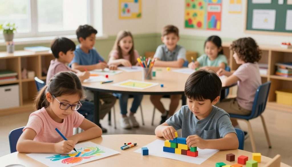 A bright and inviting classroom scene filled with diverse children, ages 6 to 10, engaging in creative activities. In the foreground, a young girl with glasses is painting a colorful mural, while a boy is building a model from colorful blocks. The middle ground features a large round table with various art supplies and books, surrounded by kids sharing ideas and laughing together. The background shows vibrant educational posters on the walls and a window letting in warm, natural light. The atmosphere is joyful and energetic, embodying a sense of exploration and collaboration. Use soft focus for the background and a slightly wide angle to capture the entire scene, highlighting the warmth and enthusiasm of the learning experience. A bright and inviting classroom scene filled with diverse children, ages 6 to 10, engaging in creative activities. In the foreground, a young girl with glasses is painting a colorful mural, while a boy is building a model from colorful blocks. The middle ground features a large round table with various art supplies and books, surrounded by kids sharing ideas and laughing together. The background shows vibrant educational posters on the walls and a window letting in warm, natural light. The atmosphere is joyful and energetic, embodying a sense of exploration and collaboration. Use soft focus for the background and a slightly wide angle to capture the entire scene, highlighting the warmth and enthusiasm of the learning experience.