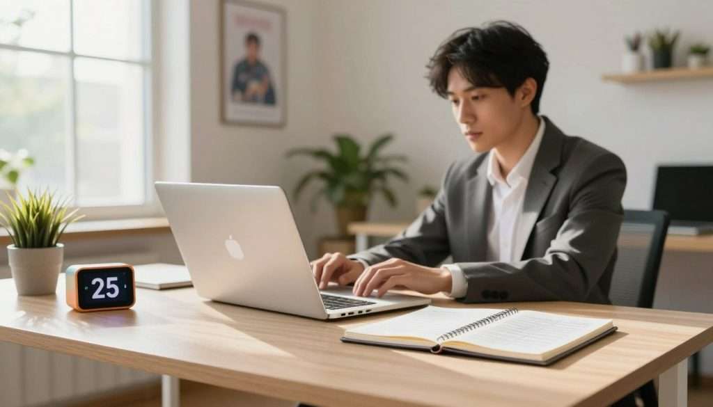 A bright and inviting workspace showcasing the Pomodoro Technique in action. In the foreground, a stylish, neatly arranged desk with a sleek laptop, a colorful timer set to 25 minutes, and a notepad filled with organized notes. The middle ground features a focused individual, dressed in professional business attire, intently working on their laptop, embodying concentration and productivity. The background includes a well-lit room with motivational posters, large windows allowing natural sunlight to stream in, and plants for a touch of greenery. Soft, warm lighting creates an atmosphere of calmness and focus, emphasizing the immediate benefits of effective time management. The image captures a sense of motivation and dedication, inviting the viewer into a moment of productivity. A bright and inviting workspace showcasing the Pomodoro Technique in action. In the foreground, a stylish, neatly arranged desk with a sleek laptop, a colorful timer set to 25 minutes, and a notepad filled with organized notes. The middle ground features a focused individual, dressed in professional business attire, intently working on their laptop, embodying concentration and productivity. The background includes a well-lit room with motivational posters, large windows allowing natural sunlight to stream in, and plants for a touch of greenery. Soft, warm lighting creates an atmosphere of calmness and focus, emphasizing the immediate benefits of effective time management. The image captures a sense of motivation and dedication, inviting the viewer into a moment of productivity.