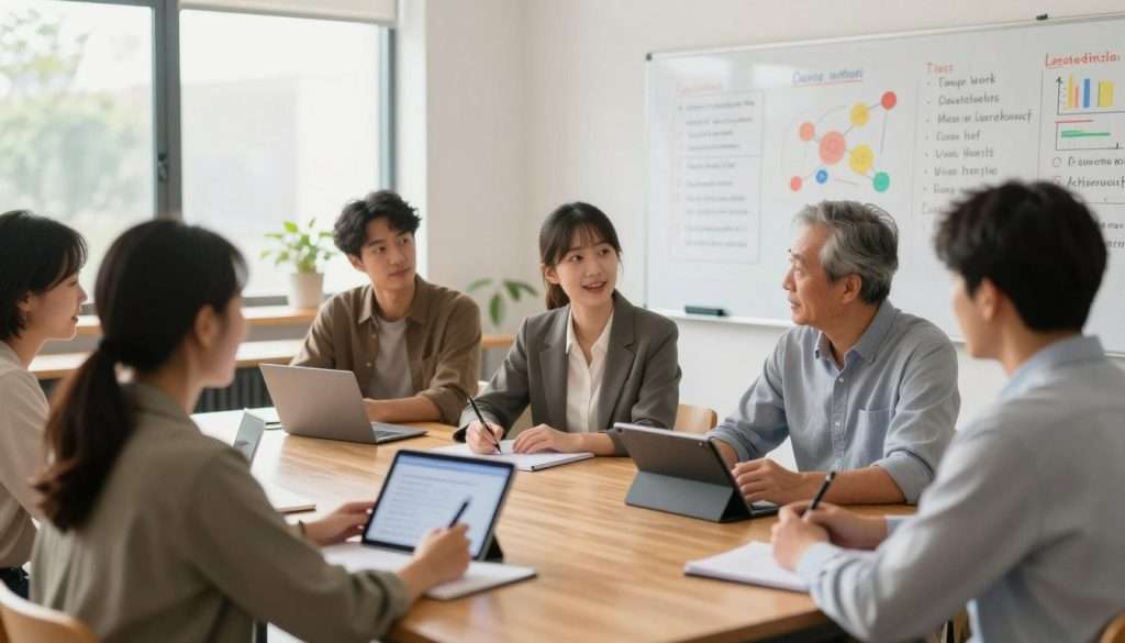 A bright, inviting classroom filled with diverse adult learners engaged in various effective learning strategies. In the foreground, a young woman in professional attire actively participates in a group discussion around a large wooden table, while a middle-aged man makes notes on a digital tablet. The middle ground showcases a whiteboard filled with colorful diagrams and lists of learning strategies, such as group work, visual aids, and hands-on activities. In the background, large windows let in natural sunlight, illuminating the space and creating a warm and positive atmosphere. Soft, diffused lighting enhances the sense of collaboration and focus, while a slight depth of field adds emphasis to the active participants. The overall mood is one of empowerment and effective growth in learning, reflecting the idea that diverse techniques can benefit everyone.