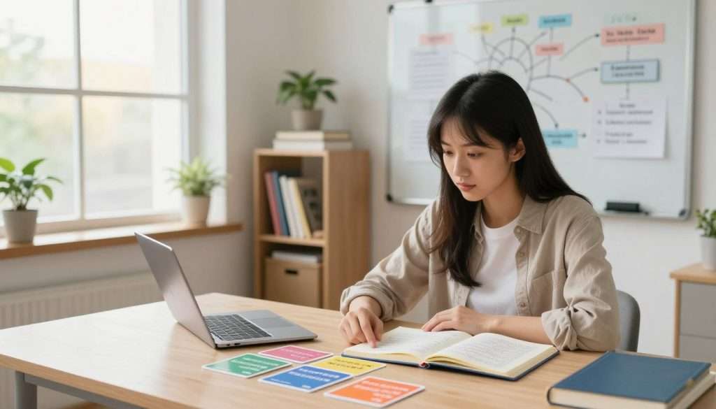 A bright, organized study environment showcasing active recall techniques. In the foreground, a well-dressed young woman sits at a tidy desk, surrounded by colorful flashcards and an open notebook filled with handwritten notes. She is actively recalling information, with a focused expression, pointing to flashcards. In the middle ground, a large window lets in warm, natural light, illuminating a whiteboard filled with mind maps and key concepts. On a nearby shelf, books and study materials are neatly arranged. The background features a calm, minimalist room adorned with houseplants. The overall atmosphere is one of productivity and concentration, with a soft focus effect to enhance the mood of dedicated learning.