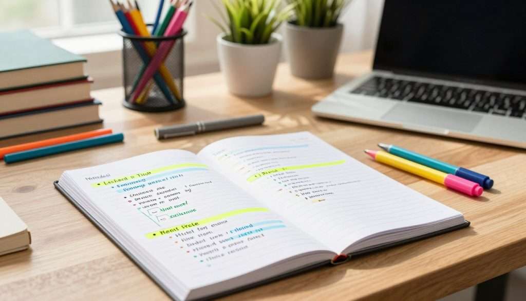 A clean, organized workspace featuring a well-structured outline method note-taking page prominently displayed in the foreground, showcasing clear bullet points and indented subpoints in a vibrant color scheme. A set of colorful writing tools, like pens and highlighters, lies beside the notes, emphasizing creativity. In the middle ground, an attractive wooden desk is abundantly decorated with neatly arranged stationery items and an open laptop, hinting at an academic environment. The background features a softly blurred collection of books and plants, creating an atmosphere of calm focus and inspiration. Soft, natural lighting floods through a nearby window, casting gentle shadows that enhance the professional and inviting mood. The overall composition conveys organization, clarity, and a sense of productivity in note-taking. A clean, organized workspace featuring a well-structured outline method note-taking page prominently displayed in the foreground, showcasing clear bullet points and indented subpoints in a vibrant color scheme. A set of colorful writing tools, like pens and highlighters, lies beside the notes, emphasizing creativity. In the middle ground, an attractive wooden desk is abundantly decorated with neatly arranged stationery items and an open laptop, hinting at an academic environment. The background features a softly blurred collection of books and plants, creating an atmosphere of calm focus and inspiration. Soft, natural lighting floods through a nearby window, casting gentle shadows that enhance the professional and inviting mood. The overall composition conveys organization, clarity, and a sense of productivity in note-taking.