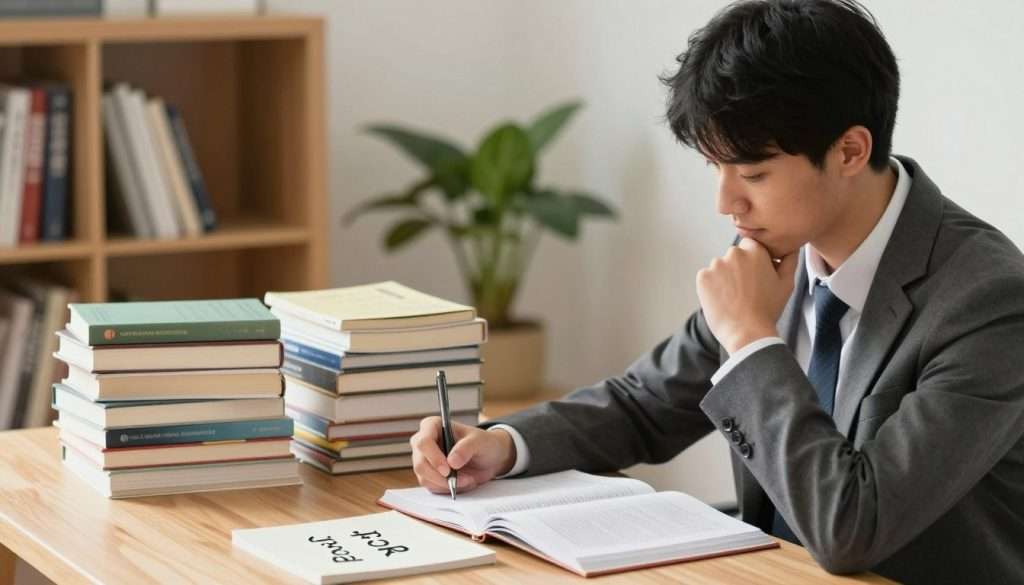 A composed study scene illustrating the SQ3R reading method, specifically focusing on the "Recite" step. In the foreground, a young adult student in professional business attire sits at a wooden desk, looking thoughtfully at an open textbook while taking notes in a notepad. The middle ground features a well-organized stack of additional textbooks and study materials, emphasizing a dedicated study environment. The background captures a softly lit room with a bookshelf filled with academic books, and a potted plant adding a touch of greenery. Natural lighting filters through a window, creating a warm, inviting atmosphere that promotes focus and understanding. The overall mood is one of concentration and academic diligence, highlighting the importance of active engagement in learning.