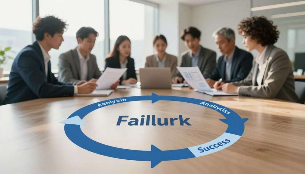 A conceptual illustration of a feedback loop in a serene, office environment. In the foreground, a circular diagram representing the feedback loop, with arrows connecting various stages: failure, analysis, adjustment, and success. The middle ground features a diverse group of professionals in business attire engaged in discussions, analyzing documents and digital data, symbolizing collaboration and knowledge extraction. The background shows a large window with soft, natural light streaming in, creating an inviting and hopeful atmosphere. The lens perspective is slightly angled to emphasize the dynamic motion of feedback and growth. The overall mood is reflective, encouraging the viewer to appreciate the journey from failure to wisdom.