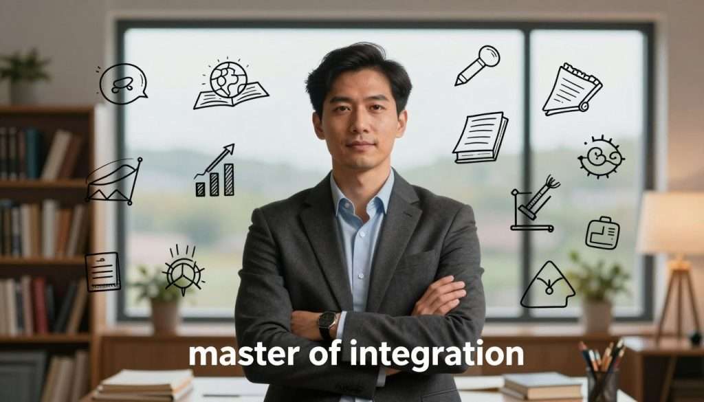 A confident individual, embodying the essence of a "master of integration," stands at the center, surrounded by various symbols of knowledge and skills—books, art supplies, and scientific equipment—representing different fields of expertise. The figure is dressed in professional business attire, exuding an aura of composure and capability. In the foreground, a warm, focused light illuminates their face, emphasizing a thoughtful expression. In the middle ground, shelves filled with diverse learning materials provide context, while in the background, a soft-focus window reveals a serene landscape, symbolizing endless possibilities. The overall atmosphere is inspiring, conveying the message of overcoming the stigma associated with being a jack-of-all-trades.