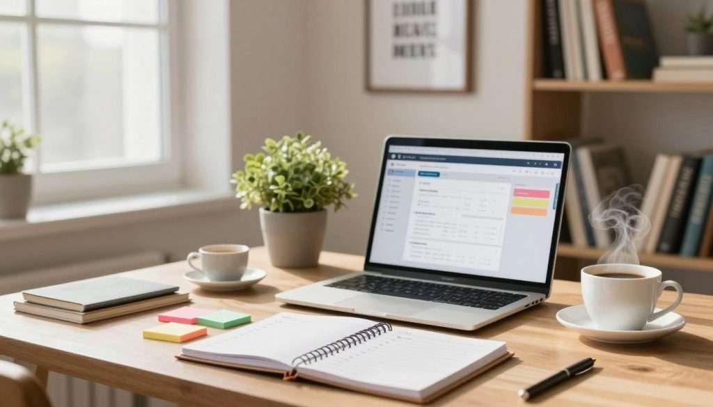 A cozy and organized workspace setting, featuring a stylish desk with a laptop open to a productivity app. In the foreground, a planner and colorful sticky notes scattered, illustrating preparation steps. A cup of coffee emits steam, creating a warm atmosphere. In the middle ground, a potted plant adds a touch of nature, while a motivational quote framed on the wall enhances the inspirational mood. Soft, natural light filters through a nearby window, giving the scene an inviting vibe. The background includes shelves lined with books on productivity and personal development. Capture a wide-angle perspective to emphasize depth, framing the workspace in a way that evokes focus and readiness for success.