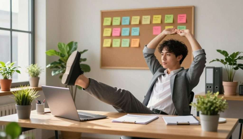 A cozy, modern office environment featuring a stylish desk with a laptop open, surrounded by vibrant potted plants. In the foreground, a professional individual, dressed in smart-casual attire, performs simple desk exercises like seated leg raises and arm stretches with a focused expression, emphasizing productivity. The middle ground showcases a bulletin board with colorful sticky notes and reminders about quick exercise tips. Soft, natural sunlight streams through a nearby window, casting gentle shadows and creating a warm, inviting atmosphere. The scene captures the essence of balancing work and brief physical activity, encouraging a sense of motivation and well-being. The overall mood is energetic and uplifting, illustrating the benefits of incorporating movement into a busy study routine. A cozy, modern office environment featuring a stylish desk with a laptop open, surrounded by vibrant potted plants. In the foreground, a professional individual, dressed in smart-casual attire, performs simple desk exercises like seated leg raises and arm stretches with a focused expression, emphasizing productivity. The middle ground showcases a bulletin board with colorful sticky notes and reminders about quick exercise tips. Soft, natural sunlight streams through a nearby window, casting gentle shadows and creating a warm, inviting atmosphere. The scene captures the essence of balancing work and brief physical activity, encouraging a sense of motivation and well-being. The overall mood is energetic and uplifting, illustrating the benefits of incorporating movement into a busy study routine.