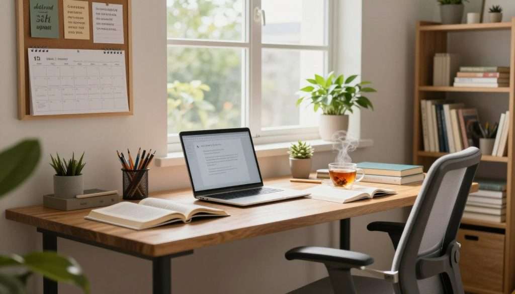 A cozy study environment designed for adaptability, featuring a modern wooden desk cluttered with a laptop, open textbooks, stationery, and a steaming cup of herbal tea. In the foreground, a comfortable ergonomic chair invites focus. The middle ground showcases a large window with soft, natural light illuminating the space, surrounded by green plants for a refreshing touch. On the wall, a bulletin board displays motivational quotes and a calendar. The background incorporates a bookshelf filled with neatly organized books and decorative items. The atmosphere is serene yet inspiring, evoking a sense of calm productivity conducive to study, with warm lighting and a inviting ambiance that encourages concentration and creativity.