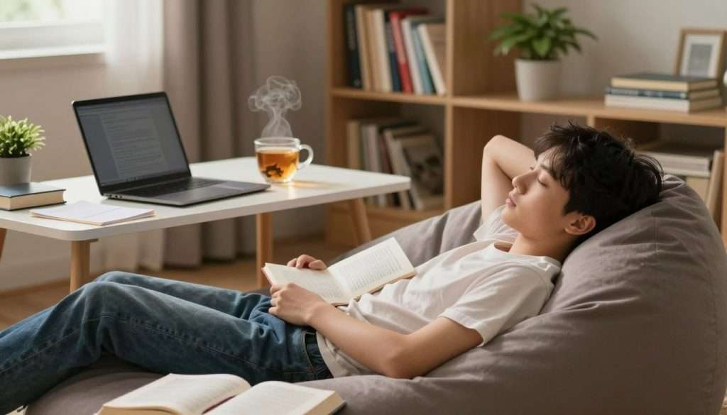 A cozy study room with warm, soft lighting creating a serene atmosphere. In the foreground, a focused student in casual attire, curled comfortably on a plush bean bag with a peaceful expression, taking a strategic nap. Next to them, an open textbook and scattered notes suggest hard work and dedication. In the middle, a small desk with a steaming cup of herbal tea and a laptop, casting a gentle glow. In the background, a bookshelf filled with colorful books and plants, adding a touch of life to the room. The angle captures the tranquility of the scene, promoting the idea of rest as a vital tool for studying effectively. The overall mood is calm and inviting, encouraging listeners to embrace the power of strategic napping.