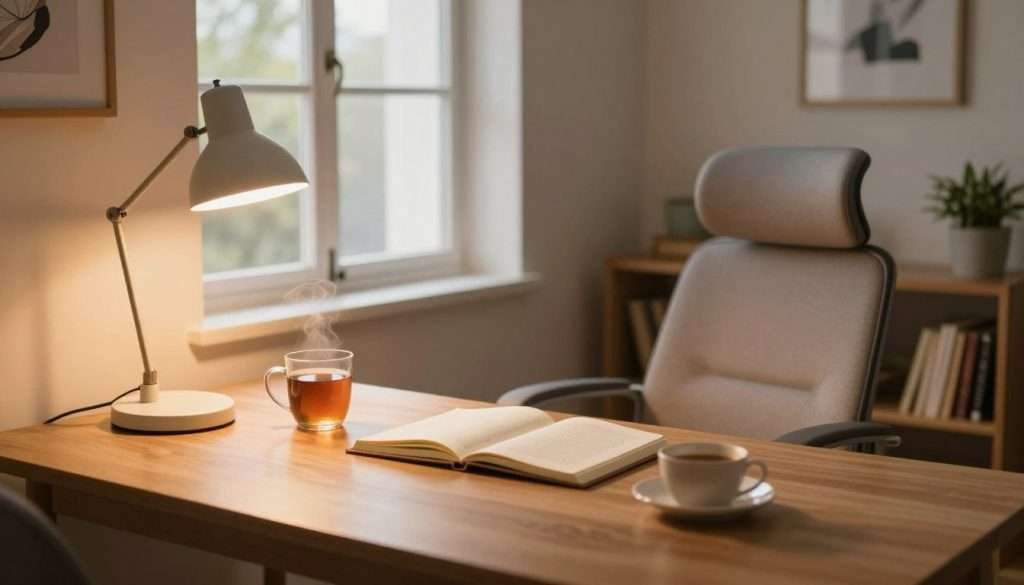 A cozy study zone bathed in warm, diffused lighting, creating a tranquil atmosphere conducive to focus and learning. In the foreground, a sleek wooden desk adorned with a modern desk lamp casting a soft, golden light. An open notebook and a steaming mug of tea sit to one side, inviting productivity. In the middle ground, a comfortable ergonomic chair with a plush cushion, positioned thoughtfully near a large window that lets in gentle daylight. The background reveals a minimalist wall adorned with inspiring artwork and a small shelf filled with books and green plants, enhancing the serenity of the space. The overall composition is shot from a slightly elevated angle, emphasizing the inviting ambiance and the harmony of light and shadow, perfect for reducing fatigue and promoting a productive mindset. A cozy study zone bathed in warm, diffused lighting, creating a tranquil atmosphere conducive to focus and learning. In the foreground, a sleek wooden desk adorned with a modern desk lamp casting a soft, golden light. An open notebook and a steaming mug of tea sit to one side, inviting productivity. In the middle ground, a comfortable ergonomic chair with a plush cushion, positioned thoughtfully near a large window that lets in gentle daylight. The background reveals a minimalist wall adorned with inspiring artwork and a small shelf filled with books and green plants, enhancing the serenity of the space. The overall composition is shot from a slightly elevated angle, emphasizing the inviting ambiance and the harmony of light and shadow, perfect for reducing fatigue and promoting a productive mindset.