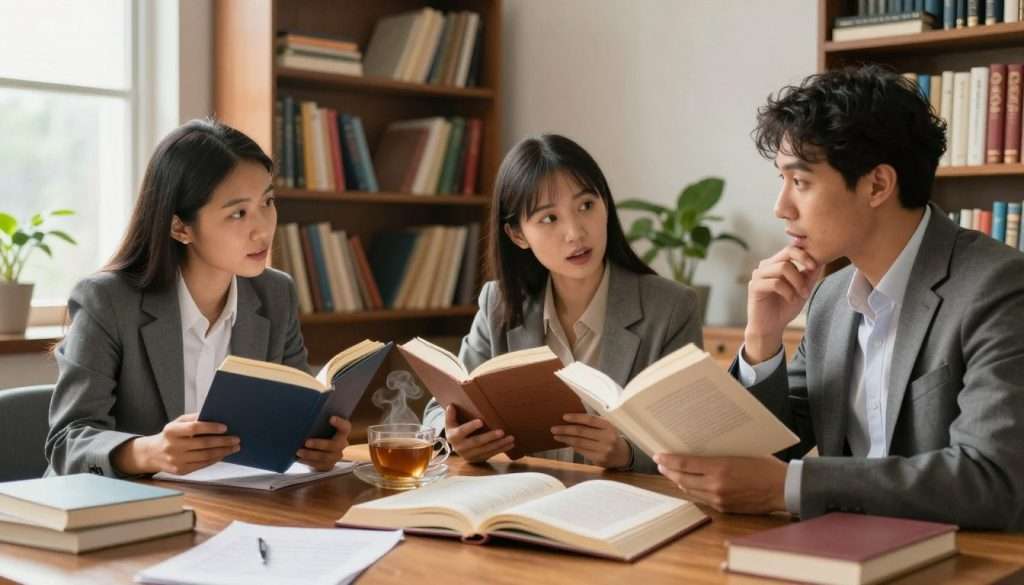 A cozy, well-lit study filled with bookshelves stacked with colorful books. In the foreground, an open book lies on a polished wooden table, surrounded by handwritten notes and a steaming cup of tea. In the middle, a diverse group of three individuals—two women and one man—are deeply engaged in reading, wearing professional business attire, and discussing ideas animatedly. They have expressions of concentration and curiosity, showcasing their advanced reading techniques. In the background, a large window allows soft, natural light to stream in, illuminating the room, with green plants adding a touch of life. The atmosphere is inviting and intellectually stimulating, reflecting a mastery of comprehension techniques, with a focus on learning and collaboration.