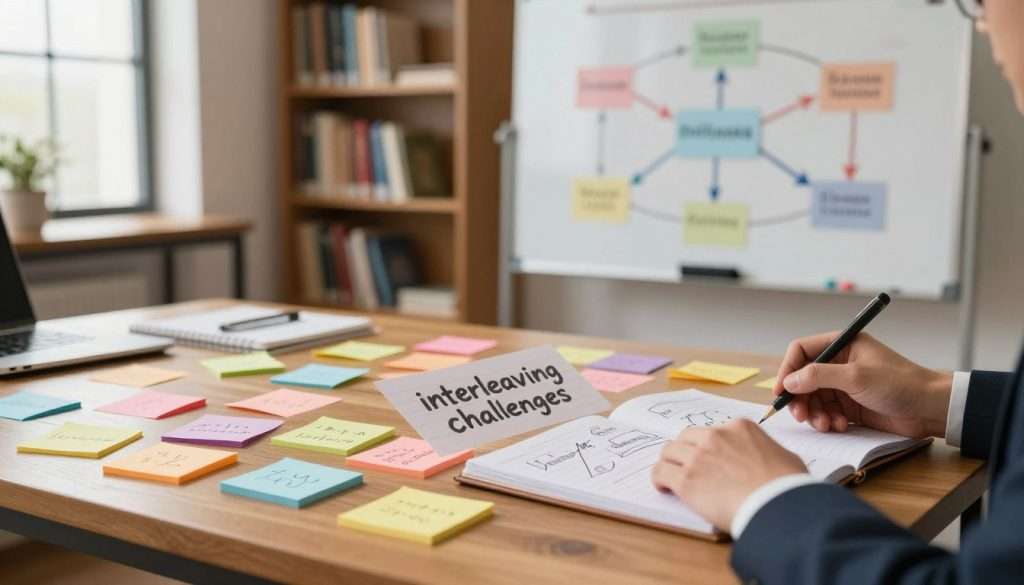 A creative workspace illustrating the concept of "interleaving challenges." In the foreground, a wooden desk cluttered with colorful sticky notes labeled with various subjects: mathematics, history, science, and languages. A pair of professional hands, wearing business attire, reaches for a notebook filled with diagrams and sketches. In the middle ground, a whiteboard displays a mind map connecting different topics with arrows and colorful markers, symbolizing the interconnection of concepts. The background features a warm, inviting library with shelves of books, soft natural light filtering through a window, creating an inspiring atmosphere. The overall mood should be one of productivity and focus, highlighting the blend of study topics through a harmonious and organized setting. A creative workspace illustrating the concept of "interleaving challenges." In the foreground, a wooden desk cluttered with colorful sticky notes labeled with various subjects: mathematics, history, science, and languages. A pair of professional hands, wearing business attire, reaches for a notebook filled with diagrams and sketches. In the middle ground, a whiteboard displays a mind map connecting different topics with arrows and colorful markers, symbolizing the interconnection of concepts. The background features a warm, inviting library with shelves of books, soft natural light filtering through a window, creating an inspiring atmosphere. The overall mood should be one of productivity and focus, highlighting the blend of study topics through a harmonious and organized setting.