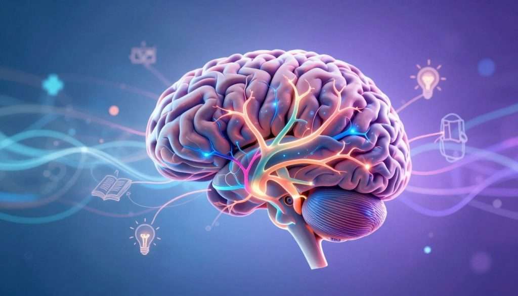 A detailed illustration of a human brain at the center, radiating intricate neural pathways illuminated with vibrant colors representing synapses firing. In the foreground, subtle representations of information, such as glowing data streams and symbols like books and lightbulbs, are woven around the brain, suggesting the flow and processing of knowledge. The middle ground features abstract geometric shapes and gentle patterns, illustrating the cognitive mapping of the brain. In the background, a soft gradient of blue and purple hues creates an ethereal atmosphere, conveying a sense of discovery and enlightenment. Soft, diffused lighting enhances the depth, while the angle showcases a dynamic perspective, inviting viewers to engage with the powerful metaphor of learning. The overall mood is inspiring and thought-provoking, emphasizing the scientific essence of effective learning.