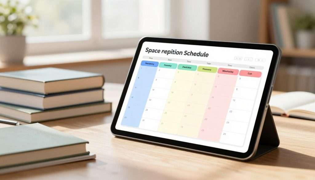 A detailed illustration of a spaced repetition schedule designed to help with efficient learning. In the foreground, a sleek digital planner screen displaying a color-coded study schedule, with sections clearly marked for different subjects over a week. The middle ground features a table cluttered with study materials like textbooks and notebooks, emphasizing organization and focus. In the background, a large, bright window lets in natural sunlight, casting a warm glow over the scene, creating an atmosphere of productivity and optimism. Soft shadows enhance the clarity of the planner, and the entire image should evoke a sense of motivation and simplicity in learning. Capture the essence of a structured yet relaxed study environment. A detailed illustration of a spaced repetition schedule designed to help with efficient learning. In the foreground, a sleek digital planner screen displaying a color-coded study schedule, with sections clearly marked for different subjects over a week. The middle ground features a table cluttered with study materials like textbooks and notebooks, emphasizing organization and focus. In the background, a large, bright window lets in natural sunlight, casting a warm glow over the scene, creating an atmosphere of productivity and optimism. Soft shadows enhance the clarity of the planner, and the entire image should evoke a sense of motivation and simplicity in learning. Capture the essence of a structured yet relaxed study environment.
