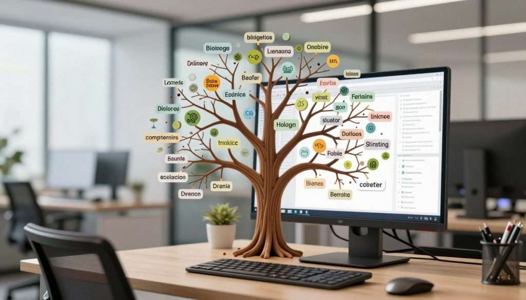A detailed semantic tree application visually represented in a modern digital environment. In the foreground, a large, intricate tree structure displays various branches, each labeled with keywords and concepts, showcasing connections between different disciplines such as biology, linguistics, and computer science. In the middle, a sleek desktop with analytical tools and graphics, emphasizing a professional atmosphere. In the background, a softly blurred office setting with glass walls, natural light flooding in, creating a bright and inviting vibe. A warm color palette enhances the mood of understanding and clarity. The composition should use a slight depth of field, focusing on the tree while the surrounding details provide context without distraction.