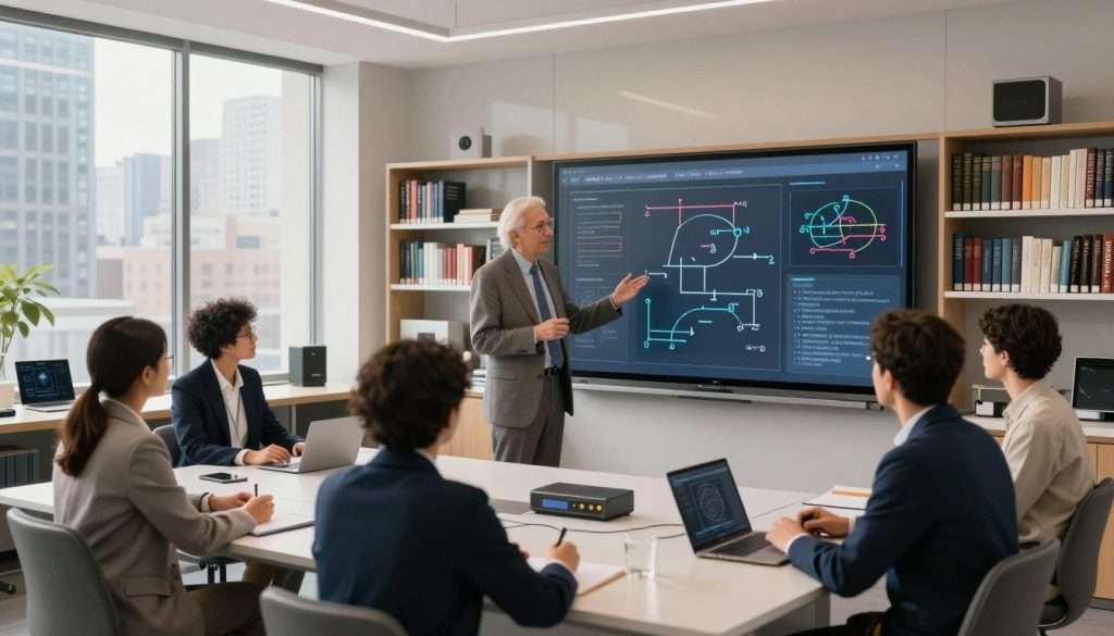 A digital art representation of accelerated learning techniques inspired by John von Neumann. In the foreground, an elegant, modern classroom setting features diverse individuals – two men and two women in professional attire, engaging in animated discussions around a digital smartboard displaying complex algorithms and diagrams. The middle ground includes bookshelves filled with scientific literature and advanced learning tools. The background is a large window showing a bustling cityscape, reflecting an atmosphere of innovation and intellectual curiosity. Bright, natural light floods the room, creating a warm and inviting mood. The camera angle is slightly elevated, providing a comprehensive view of the collaborative learning environment, embodying the spirit of von Neumann’s approach to intelligent learning processes.