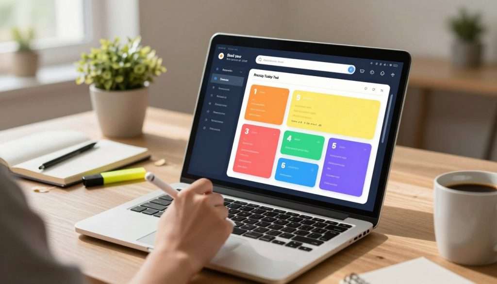 A digital workspace featuring a modern, sleek study tool interface displayed on a laptop screen. In the foreground, a hand is using a stylus to interact with the vibrant interface, which showcases colorful cards and spaced repetition algorithms. The middle ground includes a tidy desk with notebooks, a highlighter, and a mug of coffee, while a soft-focus plant adds a touch of greenery. The background reveals a warm, inviting room lit by natural light filtering through a window, creating a calming atmosphere. The overall mood suggests productivity and efficiency, perfect for brainstorming and studying. Use a shallow depth of field to draw attention to the study tool on the laptop.