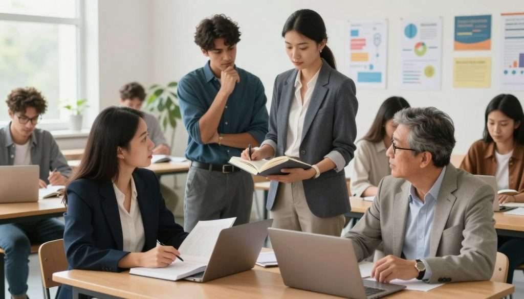 A diverse group of adult learners in a modern classroom setting, each tackling a different learning barrier. In the foreground, a professional woman in business attire collaborates with a middle-aged man, both engaged in meaningful discussion over books and laptops, symbolizing teamwork in overcoming obstacles. In the middle, a supportive instructor, in polished casual wear, guides a young adult who looks contemplative, surrounded by visual aids and charts, representing complex ideas made simple. The background features a bright, airy environment with motivational posters and plants, enhancing a positive learning atmosphere. Soft natural light streams through large windows, creating a warm, uplifting mood, captured from a slightly elevated angle to highlight the dynamic interaction among learners.