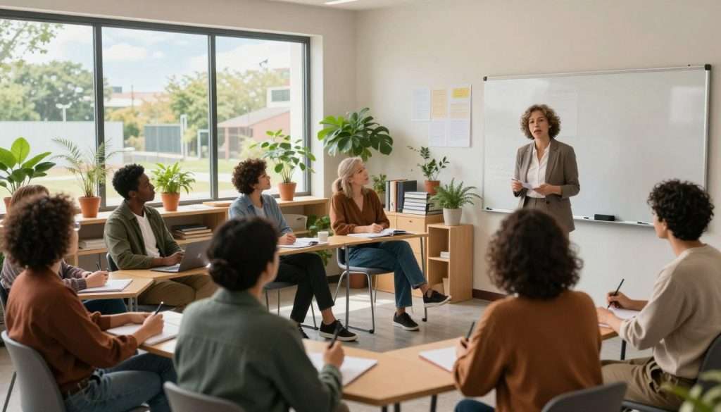 A diverse group of adults, men and women of various ethnicities, engaged in a collaborative learning environment. In the foreground, a middle-aged woman in professional attire is giving a presentation using a smart whiteboard, while others, dressed in smart casual clothing, are actively taking notes and discussing ideas. The middle area features a cozy, well-lit classroom filled with plants and educational materials, creating a warm, inviting atmosphere. In the background, large windows reveal a bright outdoor scene with trees and a clear sky, symbolizing growth and opportunity. Soft, natural lighting filters through the windows, enhancing the mood of inspiration and community. A wide-angle view captures the essence of lifelong learning's social benefits, highlighting camaraderie and intellectual engagement.