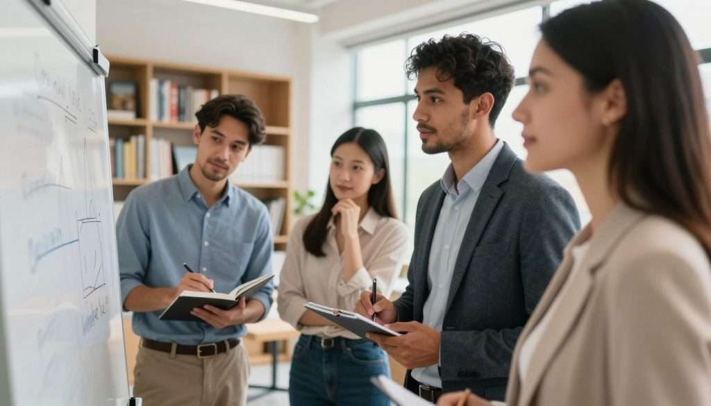 A diverse group of four professionals, two men and two women, engaging in a collaborative learning environment. Foreground: close-up of a woman demonstrating a concept on a whiteboard, dressed in smart casual attire. Middle ground: a man taking notes actively, another woman observing thoughtfully, and a man engaging with them, symbolizing varied learning styles. Background: a well-lit modern office space with bookshelves filled with educational materials and a large window allowing natural light to flood the room, creating a warm and inviting atmosphere. Soft focus on the background to emphasize the interaction in the foreground. The mood is inspiring and energetic, capturing the essence of teaching and learning effectively. A diverse group of four professionals, two men and two women, engaging in a collaborative learning environment. Foreground: close-up of a woman demonstrating a concept on a whiteboard, dressed in smart casual attire. Middle ground: a man taking notes actively, another woman observing thoughtfully, and a man engaging with them, symbolizing varied learning styles. Background: a well-lit modern office space with bookshelves filled with educational materials and a large window allowing natural light to flood the room, creating a warm and inviting atmosphere. Soft focus on the background to emphasize the interaction in the foreground. The mood is inspiring and energetic, capturing the essence of teaching and learning effectively.