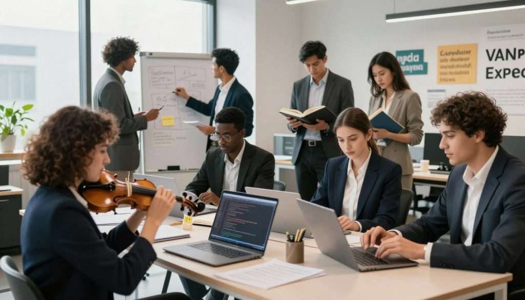 A diverse group of individuals dressed in professional business attire, engaged in various activities that showcase learning multiple skills simultaneously. In the foreground, a woman is attentively practicing a musical instrument, while a man nearby is coding on a laptop. The middle ground features another person involved in a creative workshop, brainstorming ideas on a whiteboard, and a fourth individual is reading from a book. The background displays an open, modern office space filled with inspirational quotes and learning resources. Soft, natural lighting streams in through large windows, creating an inviting atmosphere that encourages collaboration and growth. The scene captures a sense of focused enthusiasm and a vibrant learning environment.