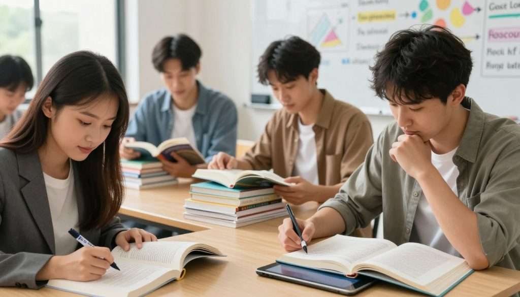 A diverse group of students actively engaging with textbooks in a bright, inspiring study environment. In the foreground, a focused young woman in professional attire is annotating a textbook with a highlighter, while a thoughtful young man reviews notes on a digital tablet. In the middle ground, another student browses through a stack of textbooks and notebooks, embodying a collaborative study atmosphere. The background features a colorful whiteboard filled with diagrams and keywords related to reading techniques. Soft, natural lighting filters through large windows, casting a warm glow on the scene. The overall mood is energetic and productive, symbolizing the essence of active reading techniques, with an emphasis on solving common challenges in effective textbook learning.