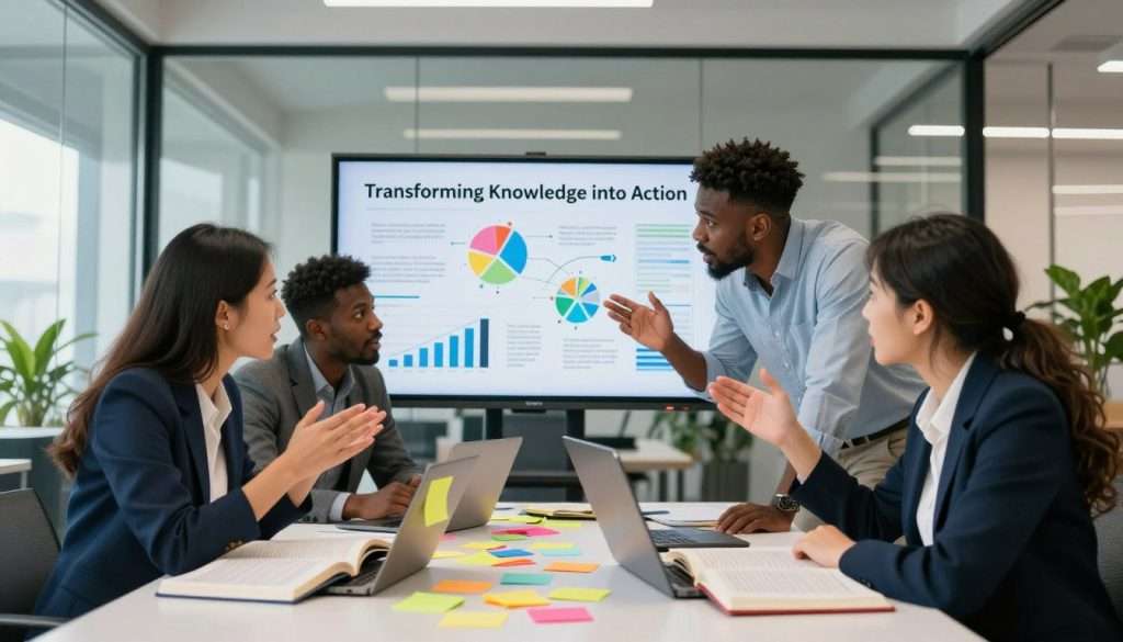 A dynamic scene illustrating "Transforming Knowledge into Action." In the foreground, a diverse group of three professionals in smart business attire – a woman of Asian descent, a Black man, and a Hispanic woman – are gathered around a large table filled with open books, laptops, and vibrant sticky notes. They are engaged in an animated discussion, with expressions of determination and enthusiasm on their faces. In the middle ground, a large digital screen displays graphs and mind maps that visualize their ideas. The background features a bright, modern office with glass walls, large windows letting in natural light, and plants that symbolize growth and innovation. The overall mood is energetic and inspiring, conveying a sense of collaboration and forward momentum. Capture with a wide-angle lens to encompass the teamwork and environment.