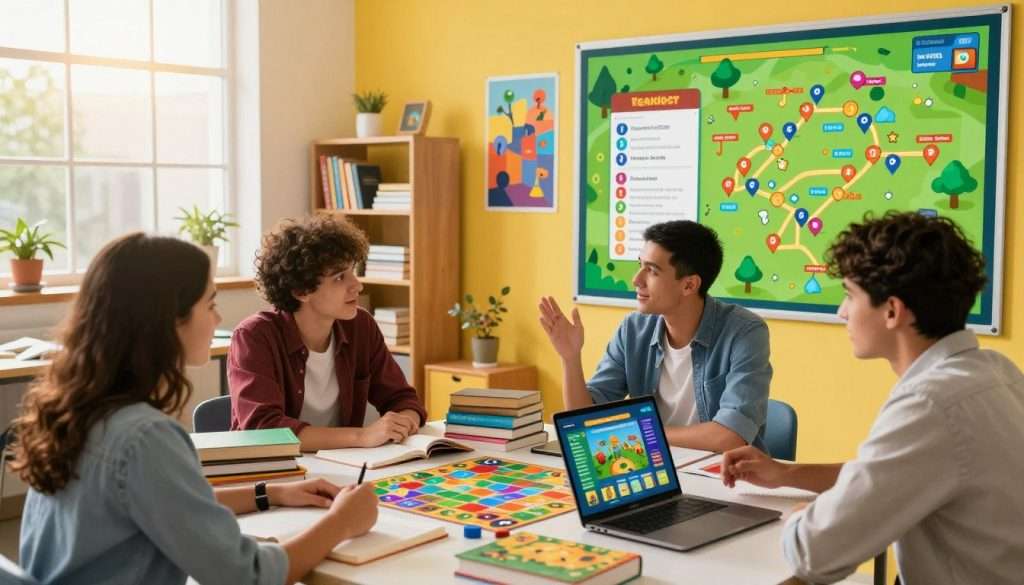 A dynamic study environment showcasing gamification elements. In the foreground, a diverse group of three students, one female and two males, aged in their early 20s, are engaged in a lively discussion around a table stacked with textbooks, colorful game pieces, and a laptop displaying a colorful, interactive learning app. In the middle ground, a vibrant wall features a large, visually appealing quest map with pins and task lists, creatively integrating study material. The background reveals a cozy, modern classroom setting with shelves of educational resources, bright posters of game mechanics, and a large window letting in warm, natural sunlight. The atmosphere is energetic and collaborative, evoking a sense of adventure and motivation. The angle is slightly elevated, capturing the engaging exchange among the students and the gamified study environment. A dynamic study environment showcasing gamification elements. In the foreground, a diverse group of three students, one female and two males, aged in their early 20s, are engaged in a lively discussion around a table stacked with textbooks, colorful game pieces, and a laptop displaying a colorful, interactive learning app. In the middle ground, a vibrant wall features a large, visually appealing quest map with pins and task lists, creatively integrating study material. The background reveals a cozy, modern classroom setting with shelves of educational resources, bright posters of game mechanics, and a large window letting in warm, natural sunlight. The atmosphere is energetic and collaborative, evoking a sense of adventure and motivation. The angle is slightly elevated, capturing the engaging exchange among the students and the gamified study environment.