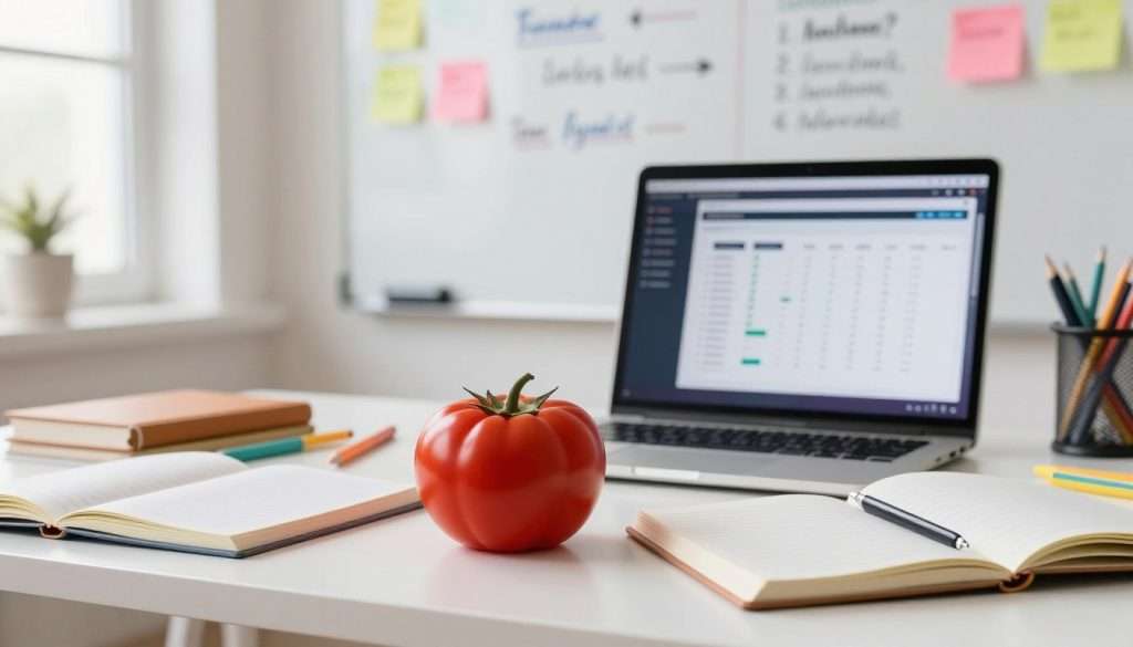 A focused study environment infused with the Pomodoro Technique. In the foreground, a clean desk with a classic tomato-shaped timer, open notebooks, and colorful stationery items arranged neatly. In the middle, a slightly blurred laptop screen displaying a productivity app, reflecting time management features. In the background, a whiteboard filled with handwritten study techniques and colorful sticky notes for different subjects and learning styles. Bright, natural light filters through a window, creating an inviting atmosphere. The lens captures a slight overhead angle, giving a sense of immersion into the scene. The mood is motivational and organized, inspiring viewers to embrace effective learning methods. No people are present in the image, maintaining a focus on the tools of productivity. A focused study environment infused with the Pomodoro Technique. In the foreground, a clean desk with a classic tomato-shaped timer, open notebooks, and colorful stationery items arranged neatly. In the middle, a slightly blurred laptop screen displaying a productivity app, reflecting time management features. In the background, a whiteboard filled with handwritten study techniques and colorful sticky notes for different subjects and learning styles. Bright, natural light filters through a window, creating an inviting atmosphere. The lens captures a slight overhead angle, giving a sense of immersion into the scene. The mood is motivational and organized, inspiring viewers to embrace effective learning methods. No people are present in the image, maintaining a focus on the tools of productivity.