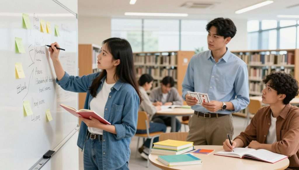 A focused study scene depicting a diverse group of students engaged in active recall techniques. In the foreground, a young woman in smart casual clothing writes on a whiteboard, illustrating concepts with sticky notes around her. To her right, a young man, dressed in business attire, holds flashcards, quizzing a fellow student seated at a round table covered with colorful study materials and textbooks. The background shows a bright, modern library with large windows letting in natural light, creating a warm and inviting atmosphere. The image should convey energy and collaboration, capturing the essence of effective learning methods in an academic setting.