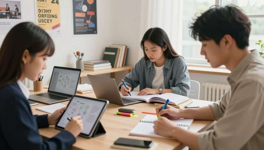 A focused study space emphasizing optimization techniques, featuring a diverse group of three students actively engaged in personalized study methods. In the foreground, a young woman in professional attire uses a digital tablet, while a man in casual clothing annotates notes with colorful highlighters. Another woman, dressed in a smart casual outfit, is on a laptop with a mind map displayed. In the middle ground, a visually organized study area with motivational posters, books, and various learning tools creates an inspiring atmosphere. The background shows soft, natural light streaming through large windows, enhancing the uplifting mood. The lens angle captures the collaborative energy, inviting viewers to feel the rhythm of personalized studying.