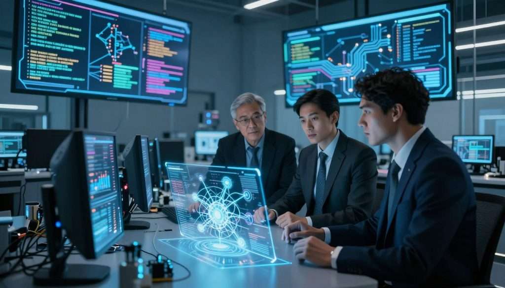A futuristic, sleek laboratory environment focused on AI and deep learning. In the foreground, a diverse group of three professionals in business attire, deeply engaged in discussion around a holographic display showcasing intricate neural networks and data visualizations. The middle section features advanced computing hardware, illuminated with soft blue LED lights, emphasizing technology and innovation. In the background, large screens display flowing algorithms and complex datasets, surrounded by glowing circuitry and digital interfaces. The lighting is dynamic, casting cool shadows and creating an atmosphere of concentration and discovery. Overall, the mood is one of inspiration and collaboration, reflecting the cutting-edge nature of AI for deep learning mastery.