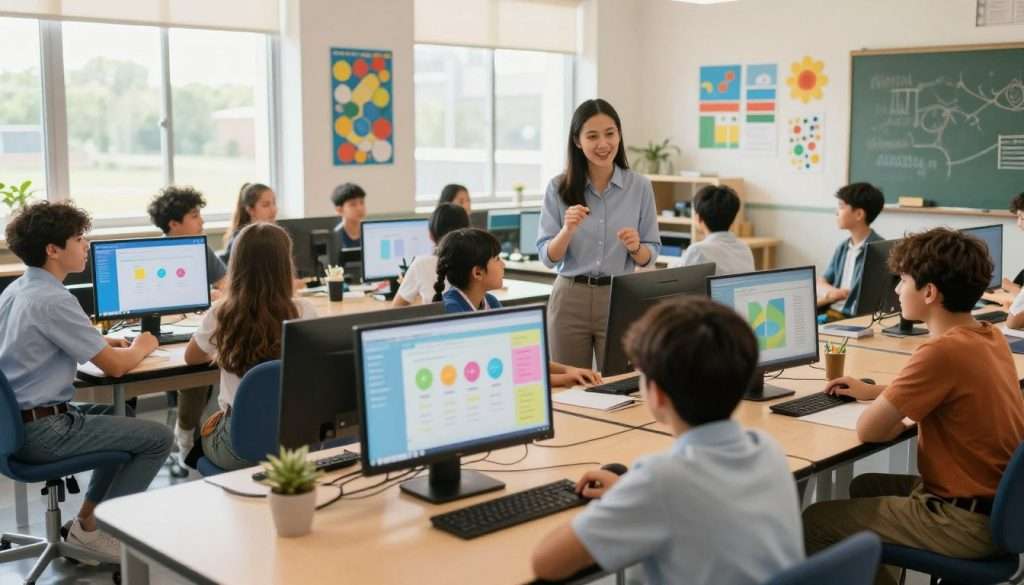 A modern classroom scene illustrating personalized learning, with a focus on engagement and technology. In the foreground, a diverse group of students, dressed in smart casual attire, gathers around interactive digital screens displaying colorful learning modules. The middle ground features a teacher, guiding the students with an encouraging expression, embodying patience and enthusiasm. In the background, large windows allow natural light to flood in, creating a bright and inviting atmosphere. The walls are adorned with educational posters and student artwork, contributing to a creative and inspiring environment. The overall mood is vibrant and dynamic, emphasizing innovation and collaboration. Use warm lighting to enhance the feeling of friendliness and excitement in the space. Capture the scene from a slightly elevated angle to show the interaction among the students and technology. A modern classroom scene illustrating personalized learning, with a focus on engagement and technology. In the foreground, a diverse group of students, dressed in smart casual attire, gathers around interactive digital screens displaying colorful learning modules. The middle ground features a teacher, guiding the students with an encouraging expression, embodying patience and enthusiasm. In the background, large windows allow natural light to flood in, creating a bright and inviting atmosphere. The walls are adorned with educational posters and student artwork, contributing to a creative and inspiring environment. The overall mood is vibrant and dynamic, emphasizing innovation and collaboration. Use warm lighting to enhance the feeling of friendliness and excitement in the space. Capture the scene from a slightly elevated angle to show the interaction among the students and technology.