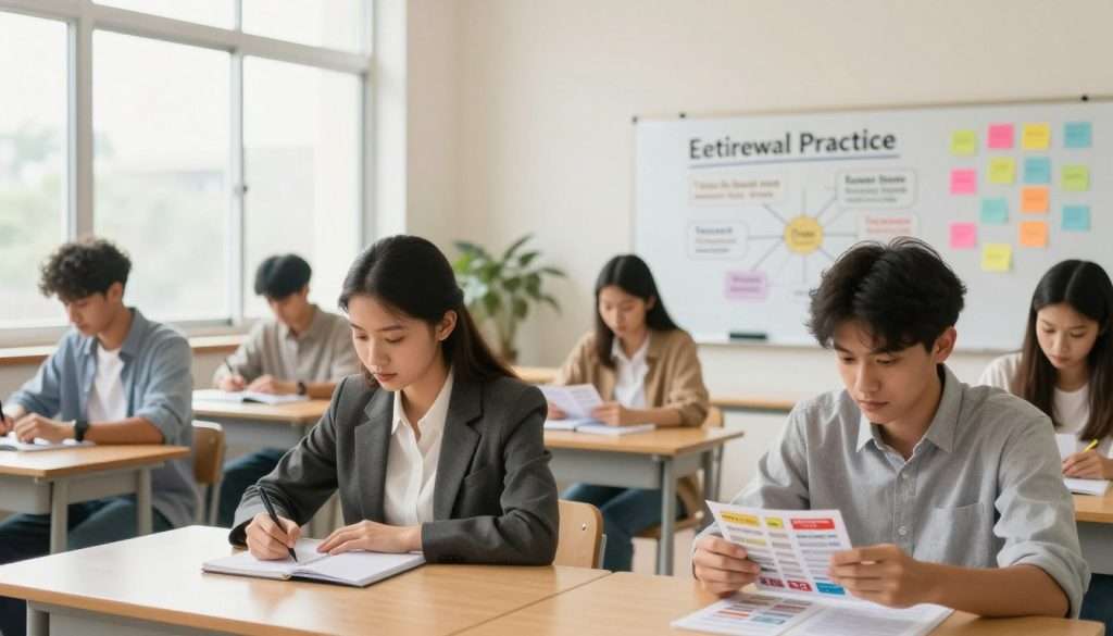 A modern classroom setting where a diverse group of students is engaged in retrieval practice activities. In the foreground, a focused young woman in professional attire is writing notes at a desk, while an attentive young man nearby reviews flashcards. In the middle, a whiteboard displays various learning topics and mind maps, surrounded by colorful sticky notes. The background features large windows with ample natural light pouring in, enhancing a bright and inviting atmosphere. Soft, inspirational warm lighting creates a productive mood, while a wide-angle lens captures the vibrancy of student collaboration and active learning. The overall scene embodies the concept of retrieval practice, highlighting engagement and knowledge reinforcement in an educational context.