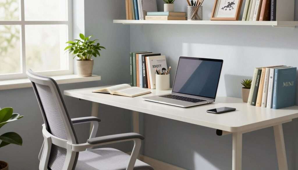 A modern study space designed for optimal efficiency, featuring a sleek, minimalistic desk with a laptop, neatly organized books, and study materials. In the foreground, a comfortable ergonomic chair encourages good posture. The middle section showcases a well-lit area with natural light streaming through a large window, illuminating a potted plant that adds a touch of nature. The background includes a bookshelf filled with resources and inspirational decor, creating a motivating ambiance. The atmosphere is calm and productive, with a soft color palette of blues and whites. The lighting is bright yet warm, enhancing focus without glare. The image should capture the essence of an ideal learning environment, inviting and conducive to high-efficiency studying.