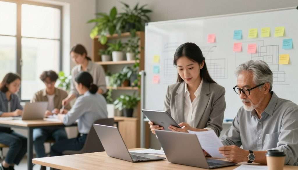 A modern workspace filled with innovation, depicting a diverse group of professionals engaged in dynamic learning activities. In the foreground, a young woman in smart business attire is brainstorming ideas on a digital tablet, while an older man with glasses reviews notes on a laptop. The middle ground features a large whiteboard covered in colorful post-it notes and diagrams, symbolizing collaboration. In the background, large windows let in warm, natural light, highlighting a built-in plant wall, enhancing the atmosphere of growth and renewal. Soft focus on the surroundings creates a sense of depth, while bright, inviting color tones evoke a feeling of enthusiasm and creativity. The image should radiate positivity and inspiration, emphasizing modern, inclusive approaches to professional development. A modern workspace filled with innovation, depicting a diverse group of professionals engaged in dynamic learning activities. In the foreground, a young woman in smart business attire is brainstorming ideas on a digital tablet, while an older man with glasses reviews notes on a laptop. The middle ground features a large whiteboard covered in colorful post-it notes and diagrams, symbolizing collaboration. In the background, large windows let in warm, natural light, highlighting a built-in plant wall, enhancing the atmosphere of growth and renewal. Soft focus on the surroundings creates a sense of depth, while bright, inviting color tones evoke a feeling of enthusiasm and creativity. The image should radiate positivity and inspiration, emphasizing modern, inclusive approaches to professional development.
