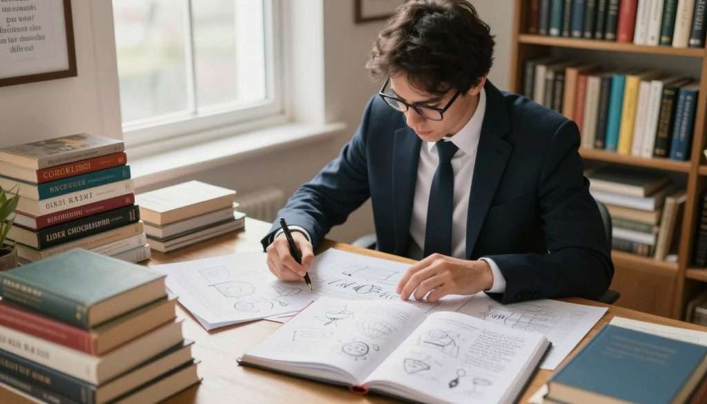A person dressed in professional attire sits at a desk in a cozy, well-lit study, surrounded by books on various subjects, symbolizing diverse knowledge. In the foreground, an open notebook displays sketches and notes, representing ideas being explored. In the middle ground, a window allows soft, natural light to illuminate the scene, highlighting the person’s focused expression as they engage with complex materials. The background features a bookshelf filled with colorful books and inspirational quotes framed on the walls, creating an atmosphere of intellectual curiosity and determination. The overall mood is one of warmth, encouragement, and resilience, emphasizing the journey of overcoming challenges in learning difficult subjects. The angle is slightly top-down, capturing both the person’s interaction with materials and the inviting environment. A person dressed in professional attire sits at a desk in a cozy, well-lit study, surrounded by books on various subjects, symbolizing diverse knowledge. In the foreground, an open notebook displays sketches and notes, representing ideas being explored. In the middle ground, a window allows soft, natural light to illuminate the scene, highlighting the person’s focused expression as they engage with complex materials. The background features a bookshelf filled with colorful books and inspirational quotes framed on the walls, creating an atmosphere of intellectual curiosity and determination. The overall mood is one of warmth, encouragement, and resilience, emphasizing the journey of overcoming challenges in learning difficult subjects. The angle is slightly top-down, capturing both the person’s interaction with materials and the inviting environment.