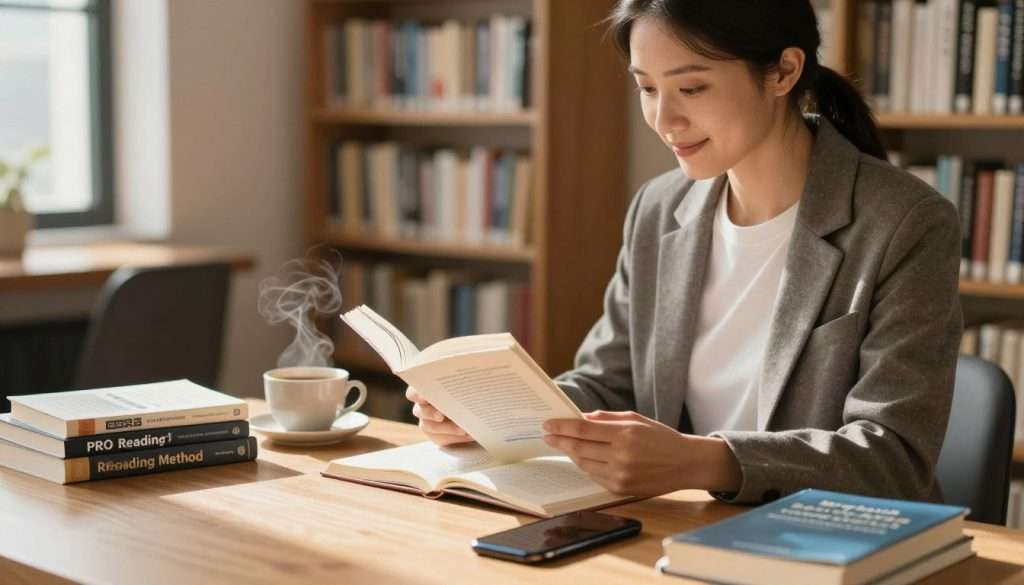 A professional and serene reading environment, featuring a well-organized desk with a notepad, a smartphone, and a stack of books titled “PRO Reading Method.” In the foreground, a focused individual in smart casual attire, sitting and reading intently, with a soft smile indicating enlightenment. The middle ground should showcase an open book with highlighted sections, alongside a steaming cup of coffee. The background reveals a cozy library filled with shelves of neatly arranged books and warm, ambient lighting that creates an inviting atmosphere. Soft shadows and natural light streaming through a nearby window enhance the calm and inspiring mood of the space, perfect for unlocking reading potential and mastery.