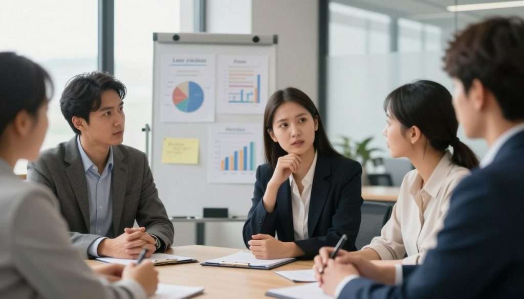A professional business setting where a diverse group of individuals engages in a constructive criticism session. In the foreground, a woman in smart casual attire listens attentively, her expression thoughtful and open. She is seated at a round table, surrounded by colleagues, including a man in a tailored suit and a woman in a blouse, each providing feedback. In the middle ground, a whiteboard displays charts and notes reflecting lessons learned from past failures, symbolizing the learning process. The background features a modern office environment with large windows allowing soft, natural light to fill the room, creating an inviting atmosphere. The overall mood is collaborative and supportive, emphasizing growth through constructive feedback. Use a slight depth of field to focus on the discussing team while softly blurring the background elements.